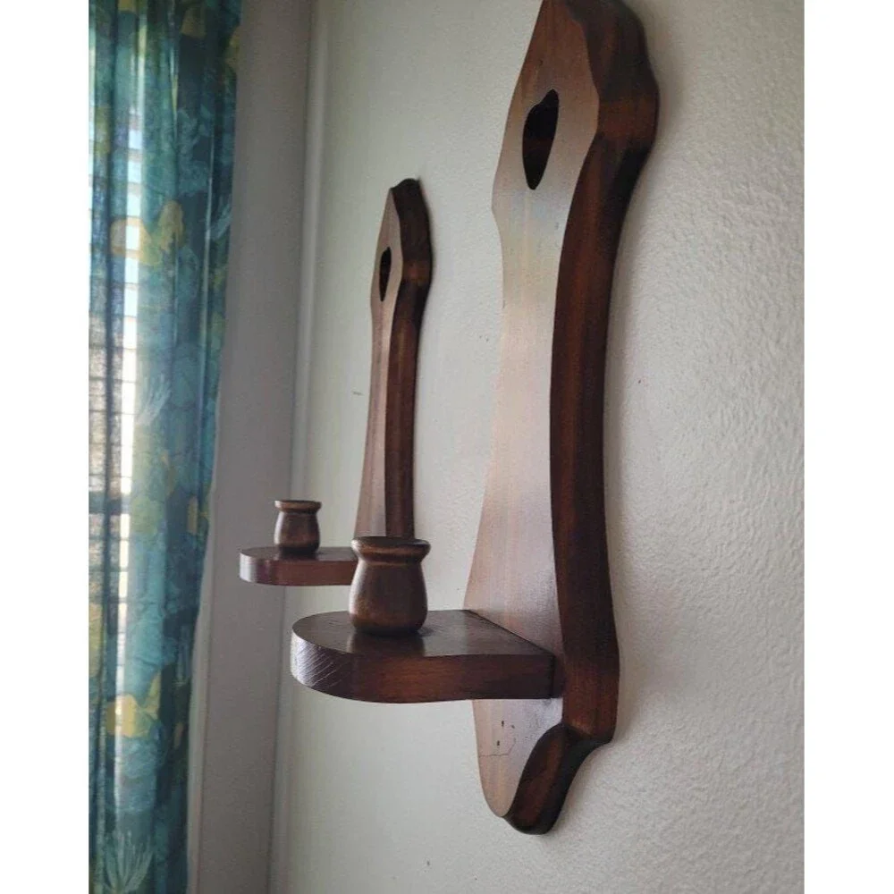 Vintage Heart Wood Wall Candle Sconce Set of 2 1980s